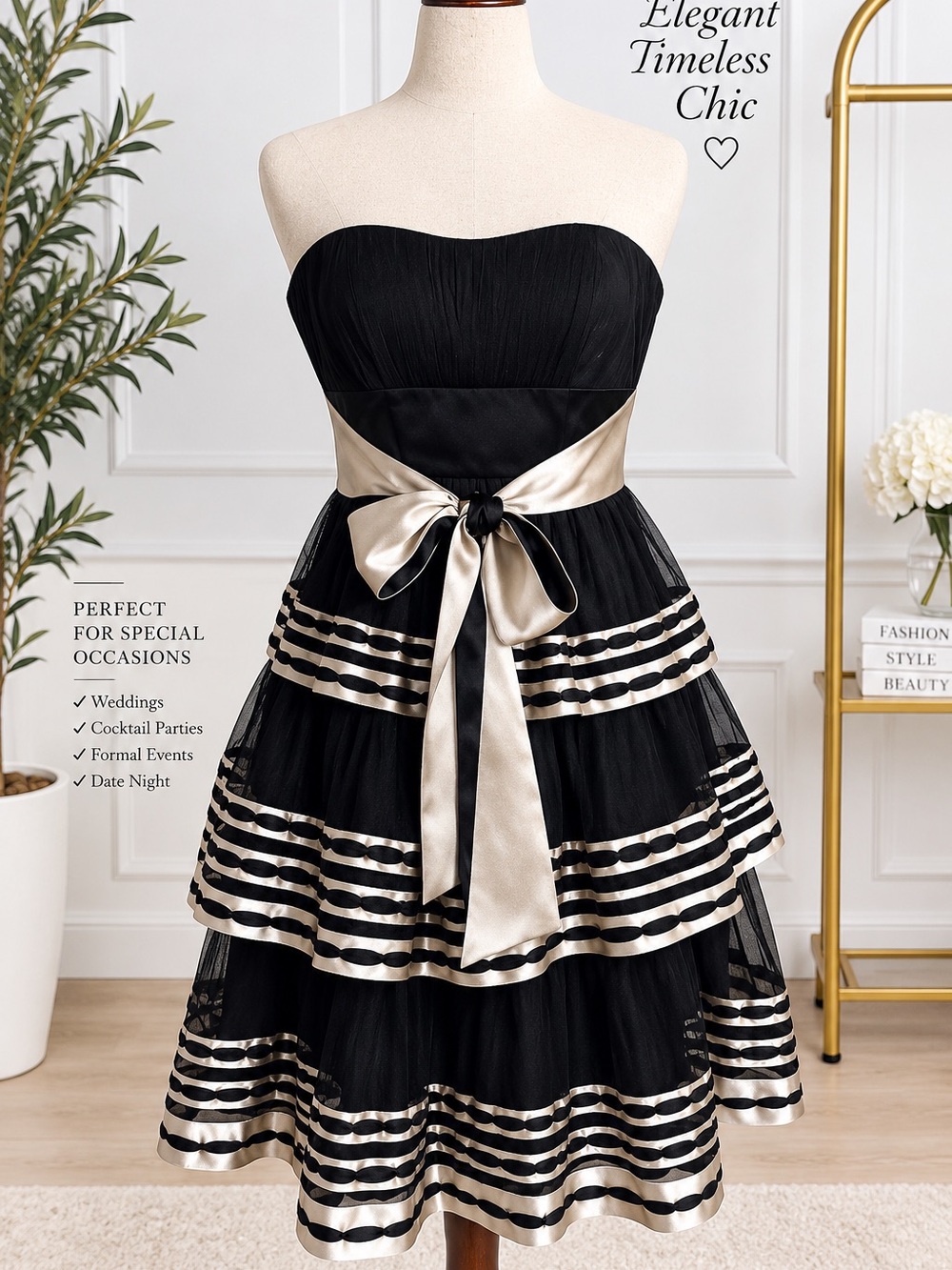 BCBGMAXAZRIA Strapless Black & Champagne Tiered Cocktail Homecoming Dress Size 8